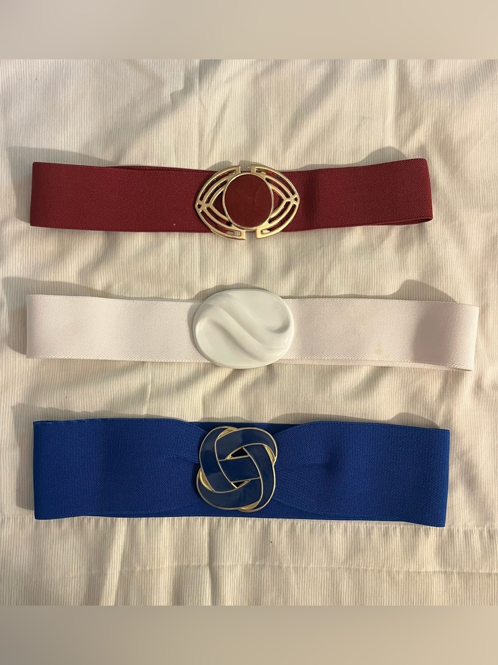 Vintage 80’s Elastic Fashion Waist Belt in Red, White, and Blue - Set of 3